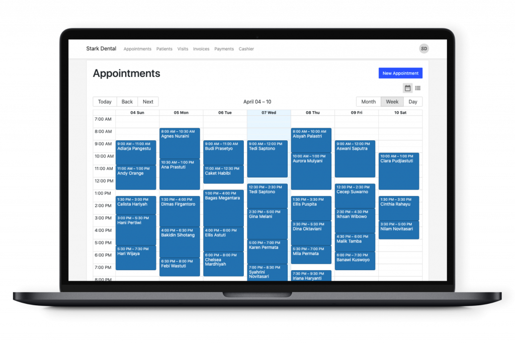Plexo Appointment Patient Scheduling System, penampilan seperti Google Calendar. Plexo aplikasi klinik gigi dengan sistem penjadwalan pasien dan rekam medis elektronik terintegrasi