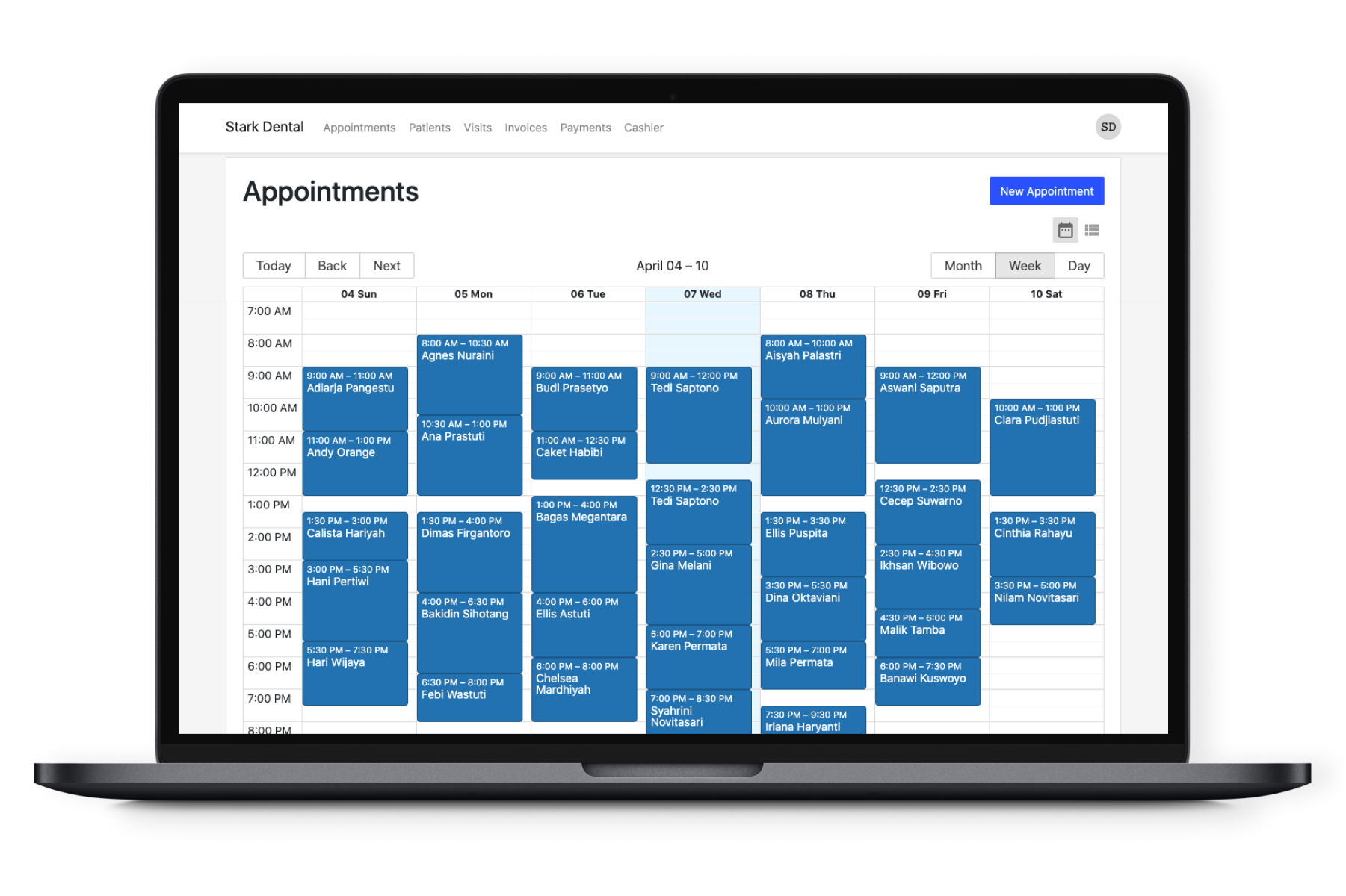 Plexo Appointment Patient Scheduling System, penampilan seperti Google Calendar. Plexo aplikasi klinik gigi dengan sistem penjadwalan pasien dan rekam medis elektronik terintegrasi