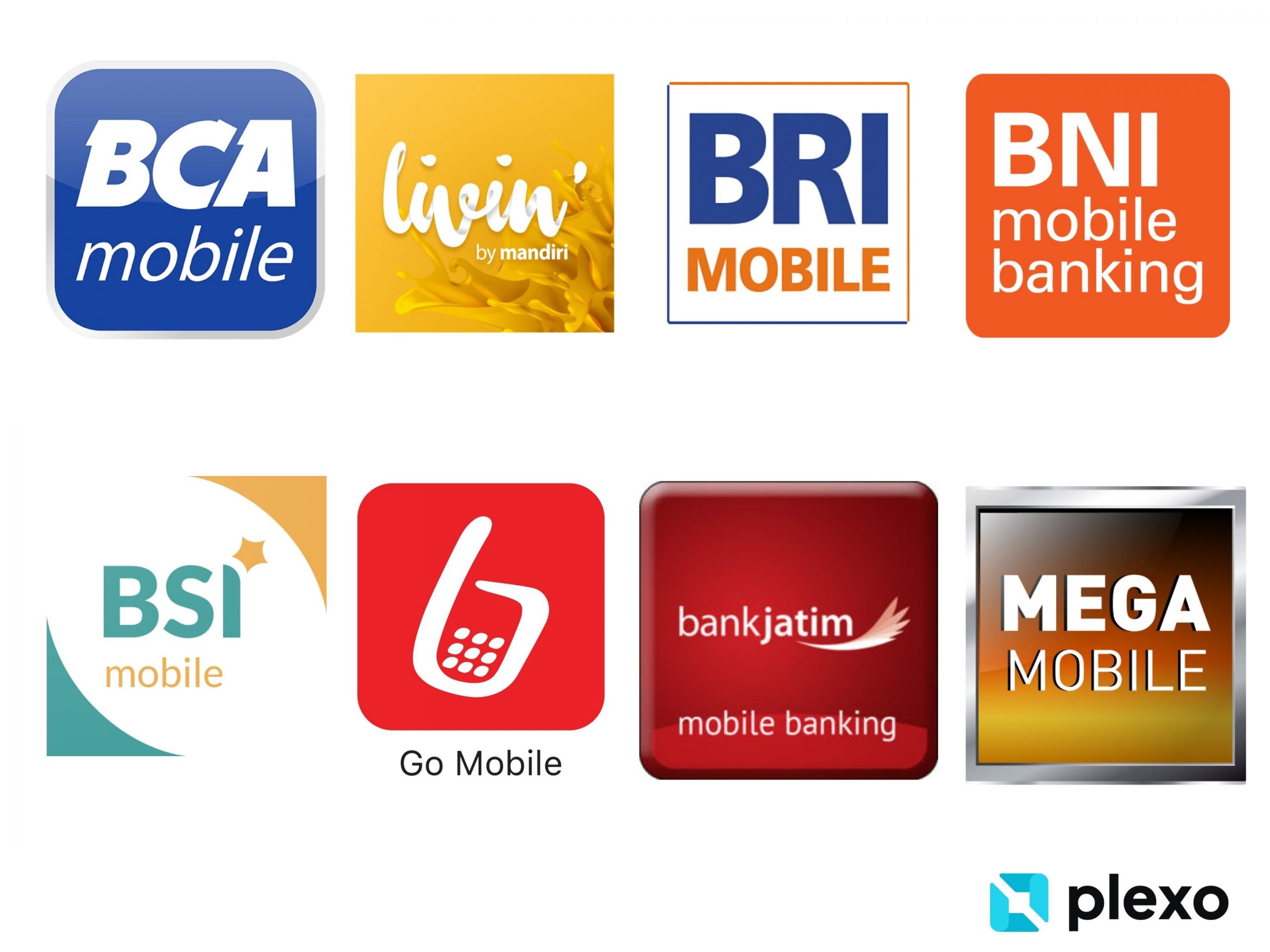 8 Logo aplikasi mobile banking populer di Indonesia yaitu, BCA Mobile, Livin by Mandiri, BRI Mobile, BNI mobile banking, BSI Mobile, Go Mobile, Bank Jatim, dan Mega Mobile. 