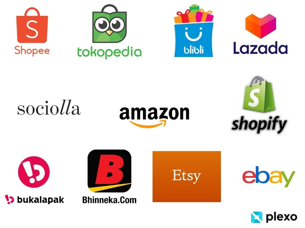 11 Logo marketplace populer yang ada di Indonesia dan dunia seperti, Shopee,Tokopedia, Blibli, Lazada, Sociolla, Amazon, Shopify, Bukalapak, Bhineka.com, Etsy, dan Ebay. 