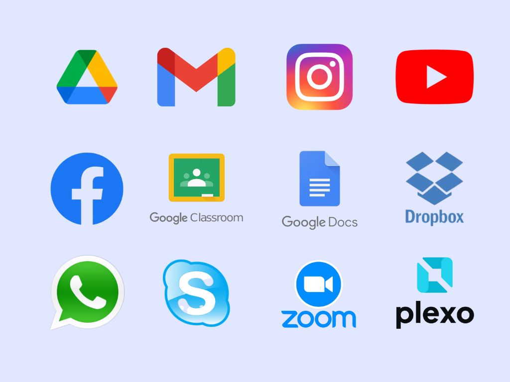 Kumpulan logo contoh aplikasi yang menggunakan sistem cloud computing, diantaranya Gmail, Google Drive, Instagram, Facebook, Youtube, Dropbox, Google Classroom, Google Talk, Google Docs, Whatsapp, Zoom, Skype, dan sebagainya. 
