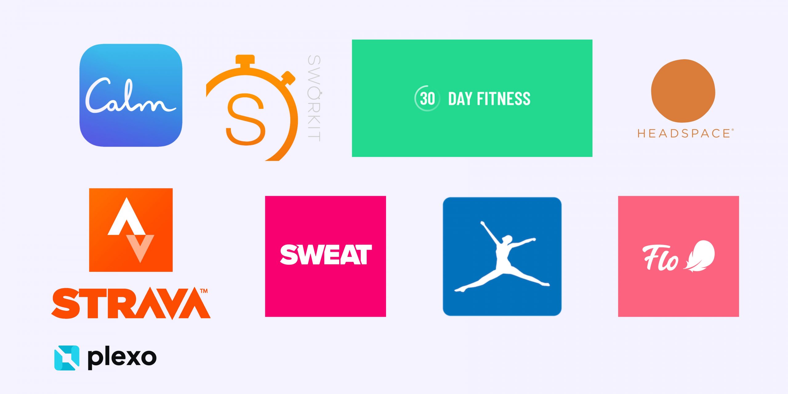 Kumpulan logo aplikasi kesehatan dengan fungsi membantu konsumen membuat pilihan yang lebih sehat dalam kehidupan sehari-hari, seperti Strava, Headspace, Sweat, Flo, Zipongo, Noom Weight Loss Coach, Calm, Sworkit, dan Couch To 5K. 