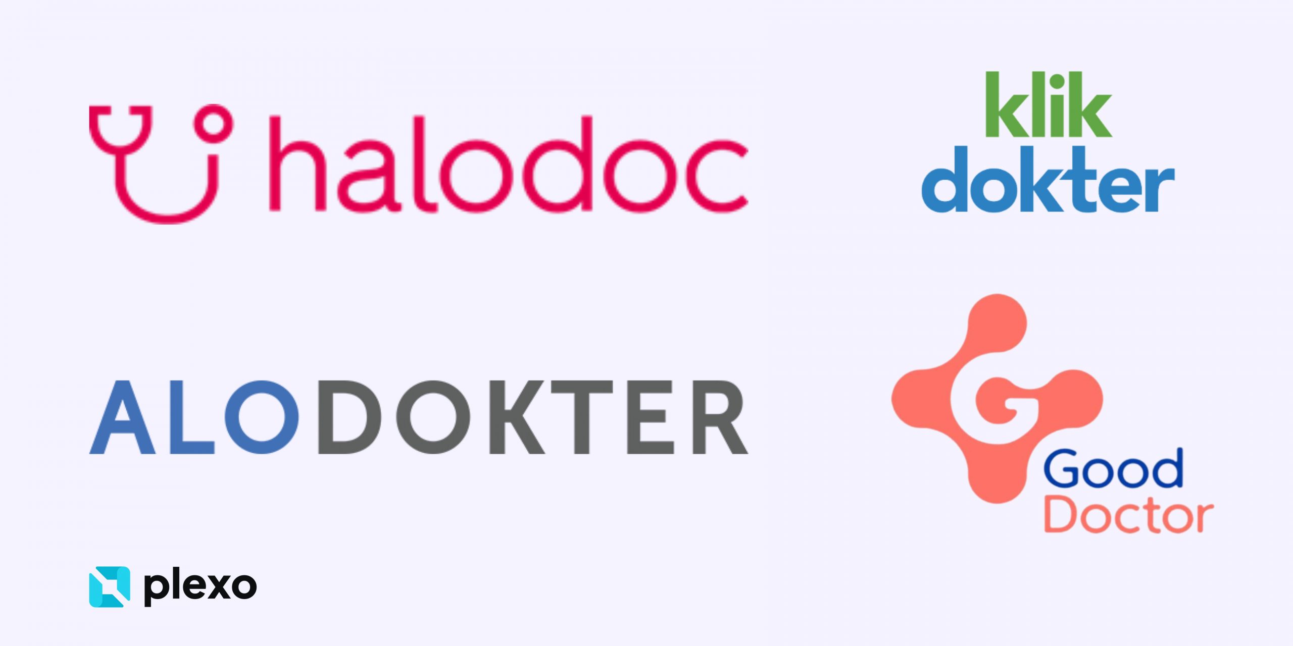 Koleksi logo aplikasi kesehatan telemedicine di Indonesia, seperti Halodoc, Alodokter, Klik Dokter, Good Doctor, dengan logo brand Plexo diletakan di kiri bawah. Fungsi dari aplikasi kesehatan tersebut adalah untuk memudahkan komunikasi antara dokter dan pasien